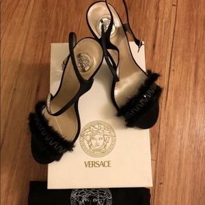 Sexy Versace Black Mink Fur Sandals Size 38.5